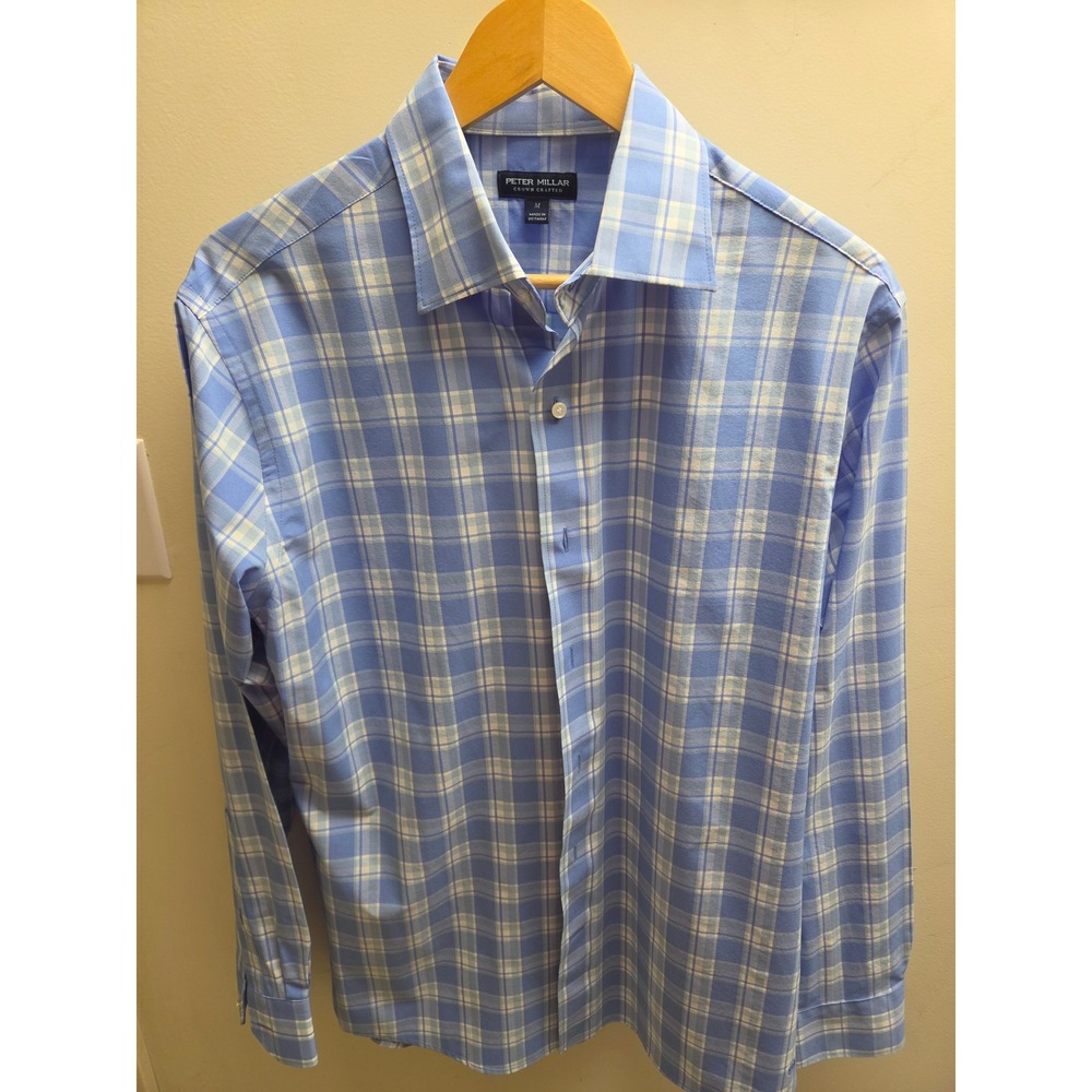 Peter Millar Crown Crafted Mens Medium Blue Plaid Long Sleeve Button‎ Down Shirt